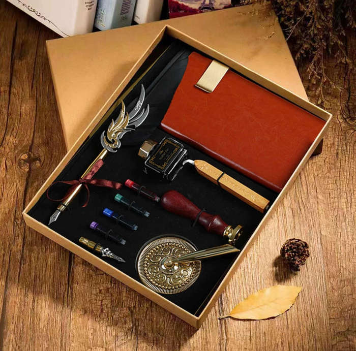16pcs European Style Feather Pen Set With Ink British Retro Dip Feather Pen Set Wax Seal Student Dip