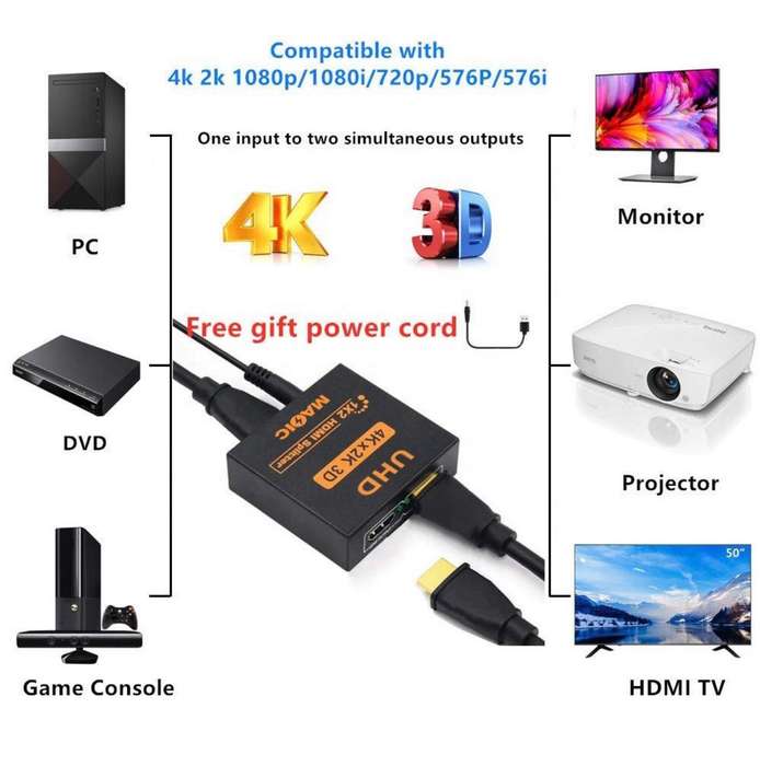 1 to 4 Port HDMI Splitter 4K Ultra HD for HDTV, 3D, TV, PC Computer