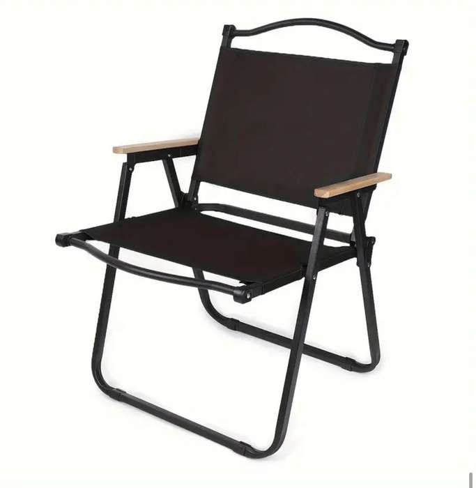 Foldable Camping/Picnic Chair -Metal Frame & Wooden Armrest - BLACK