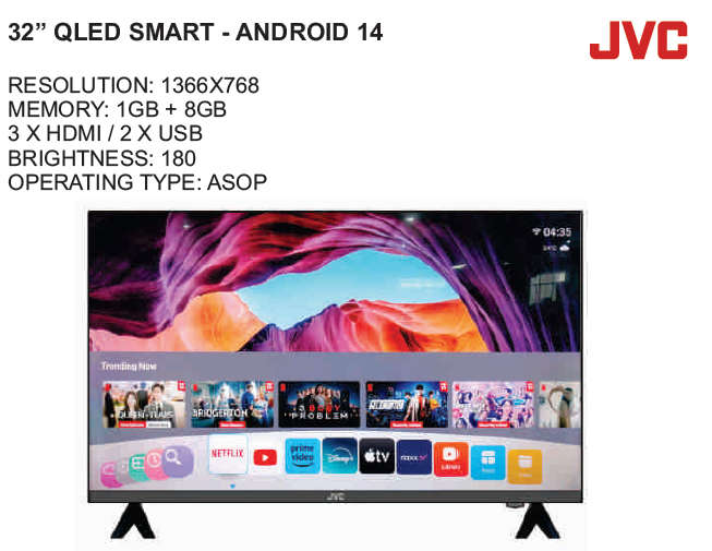 JVC 32` QLED Smart TV - Android 14 - Built-In Wifi Module
