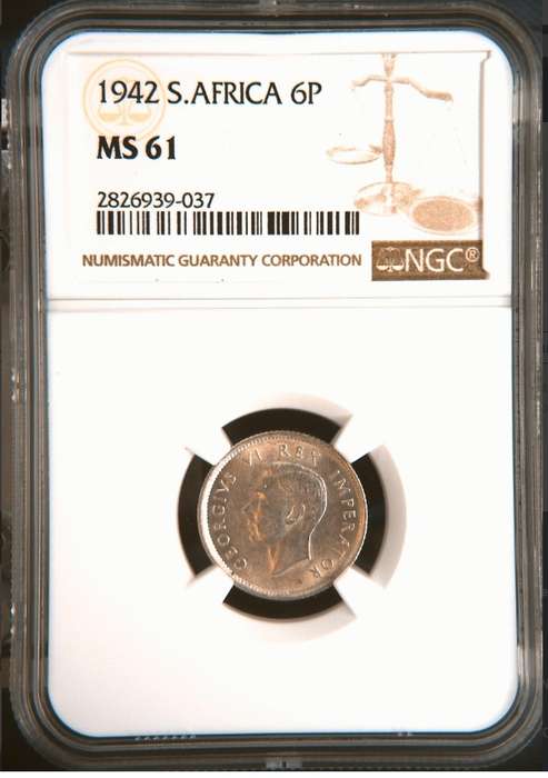 1942 SAU sixpence (6P) NGC MS61