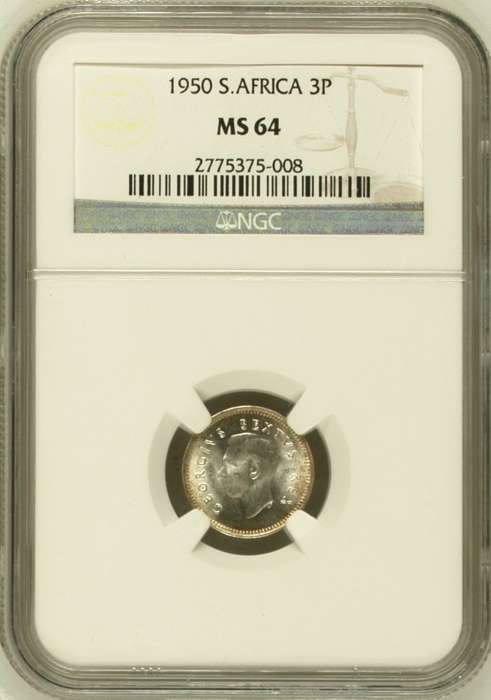 1950 SAU threepence (tickey) NGC MS64