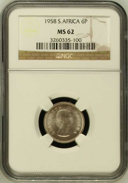 1958 SAU sixpence (6P) NGC MS62