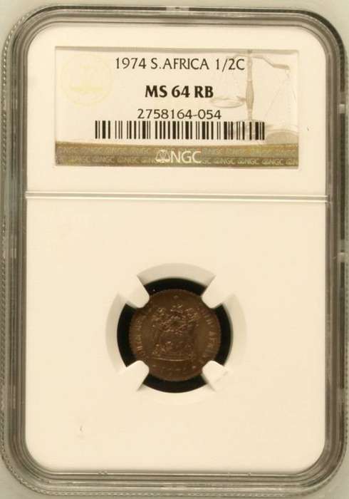 1974 South Africa proof 1/2 (half) cent, NGC MS64 RB - only 1 better coin @ NGC
