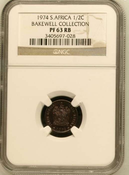 1974 South Africa proof 1/2 cent, NGC PF63 RB
