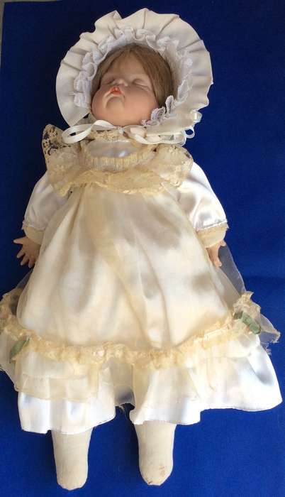 Sleeping Baby Porcelain Doll in Victorian style Dress and Bonnet