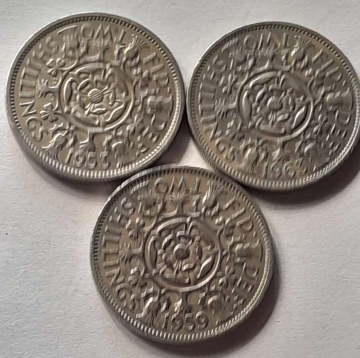 3 x British 2 Shilling Coins - 1953 1959 & 1963