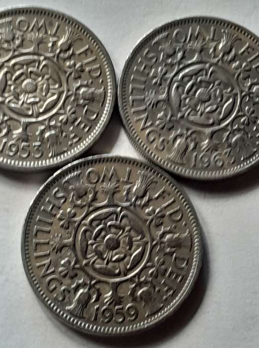 3 x British 2 Shilling Coins - 1953 1959 & 1963