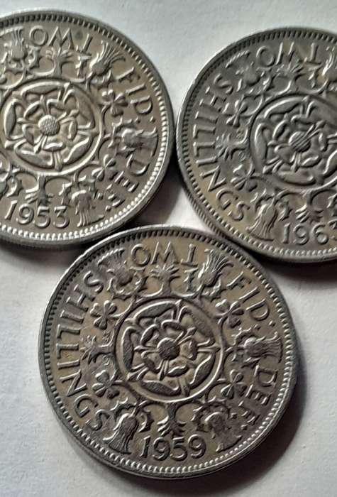 3 x British 2 Shilling Coins - 1953 1959 & 1963