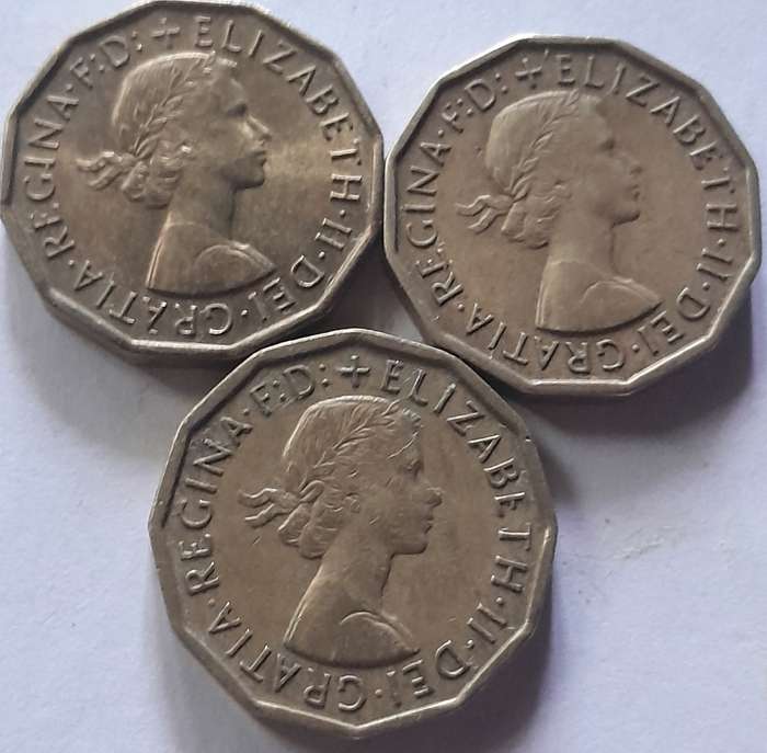 UK (British) Thruppence (3 Pence) Coins 1962, 1964 and 1965