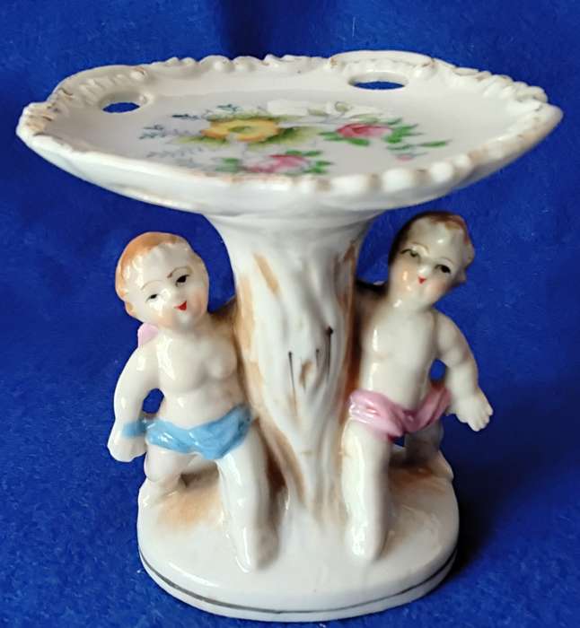 Vintage Hand Painted Cherub Pedestal Trinket Dish Plus Porcelain Trinket Dishes - Set of four