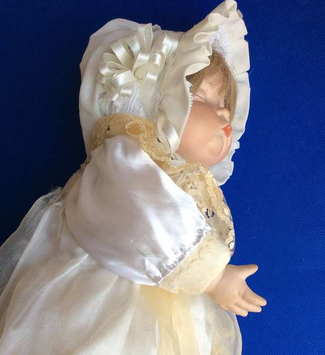 Sleeping Baby Porcelain Doll in Victorian style Dress and Bonnet