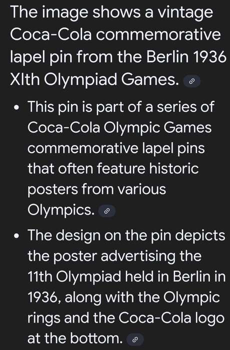 Coca-Cola Commemorative Lapel Pin - Berlin 1936 Olympiad Games c1990's