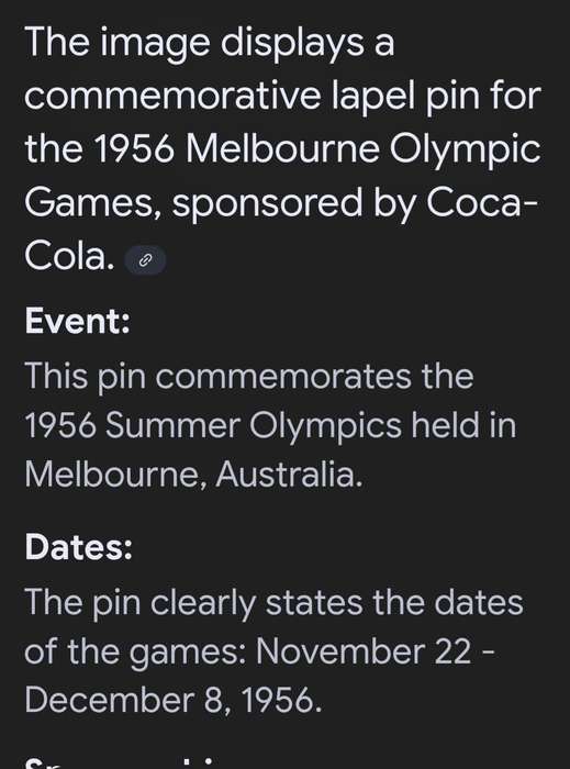 Coca-Cola  Commemorative Lapel Pin- 1956 Melbourne Olympic Games c1990's