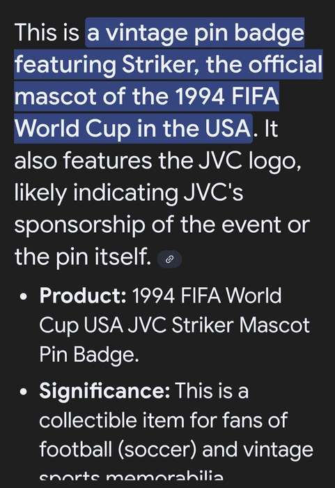 Vintage 1994 FIFA World CUP lapel pins Featuring Striker the Mascot