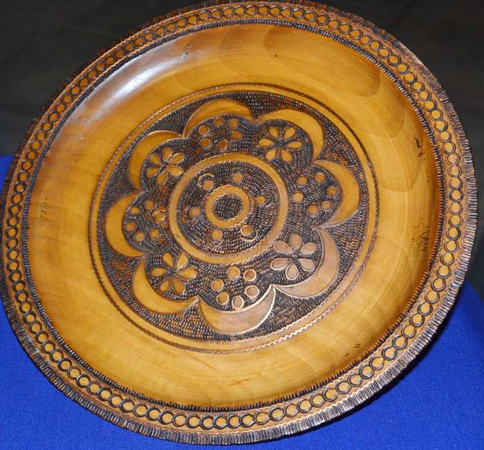 True Vintage Wooden Polish Folk Art Plate with Brass Inlay