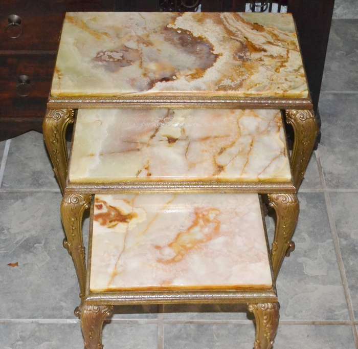Set of Three Nesting Tables Onyx Marble Hollywood Regency