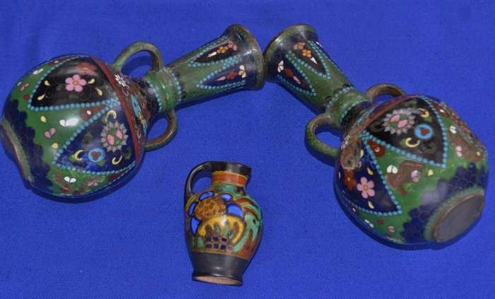 Antique Japanese Cloisonne Vases and small Gouda Jug