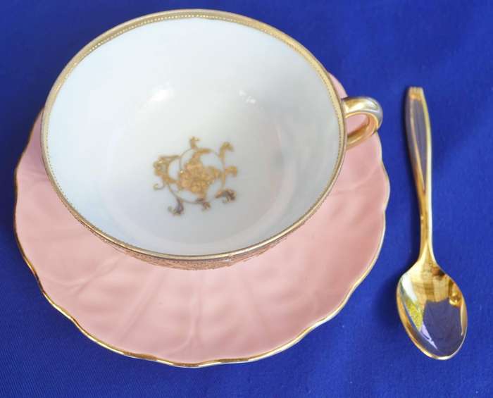 Nippon Hand Painted Gold on White Cup and Aynsley Saucer with 25kt Gold Plated Spoon - Vintage