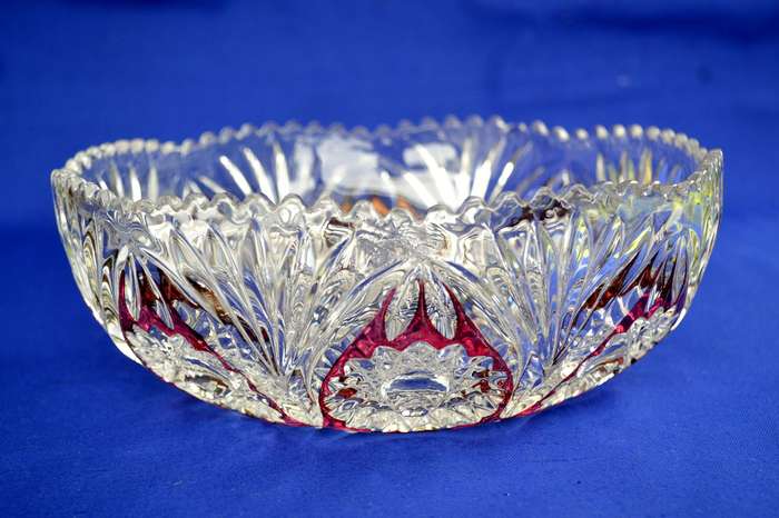 Vintage Cut Crystal Bowl with Ruby Red Panel and FloralDesign