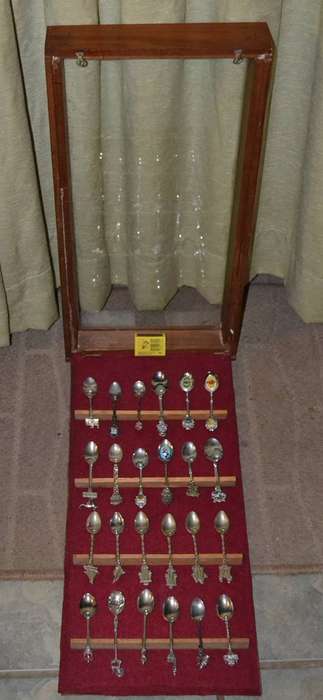 Collection of  Vintage Souvenir / Collectable Spoons in Display Case