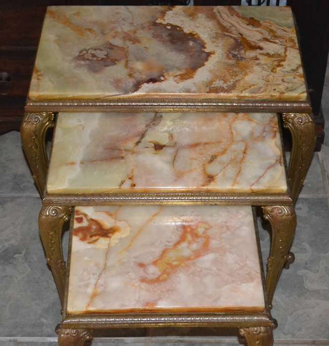 Set of Three Nesting Tables Onyx Marble Hollywood Regency