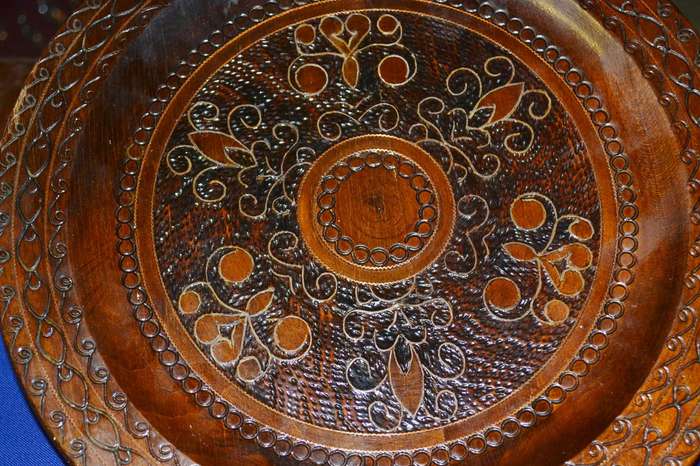True Vintage Wooden Polish Folk Art Plate with Brass Inlay