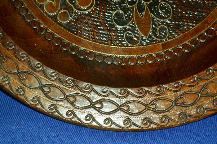 True Vintage Wooden Polish Folk Art Plate with Brass Inlay