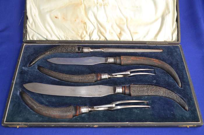 Walker and Hall Antique Cased Stag / Horn Handle Carving Set c1903 - 5 Pieces
