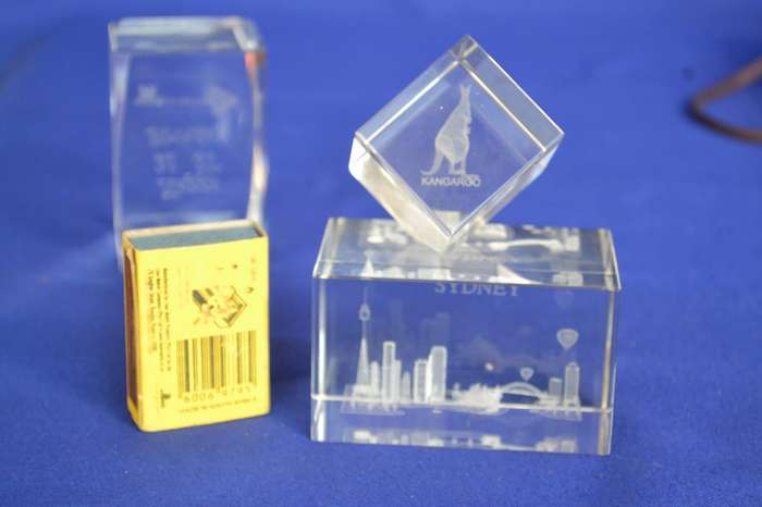 Vintage 3D Hologram Laser Etched Glass Paperweights x 3