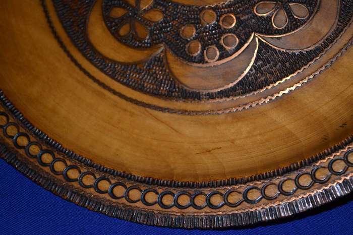 True Vintage Wooden Polish Folk Art Plate with Brass Inlay