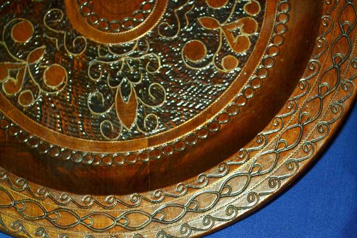 True Vintage Wooden Polish Folk Art Plate with Brass Inlay