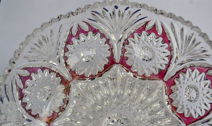 Vintage Cut Crystal Bowl with Ruby Red Panel and FloralDesign