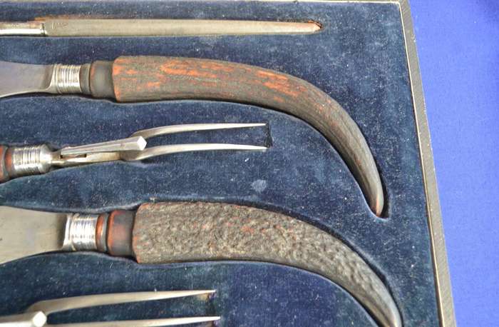 Walker and Hall Antique Cased Stag / Horn Handle Carving Set c1903 - 5 Pieces