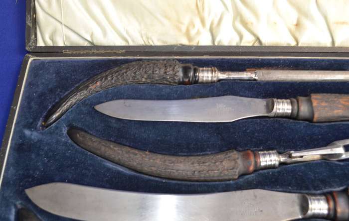 Walker and Hall Antique Cased Stag / Horn Handle Carving Set c1903 - 5 Pieces