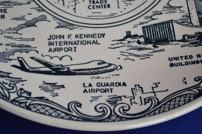 Single Tier Cake Stand - American Ironstone Collectors Plate  depicting  New York  City Landmarks