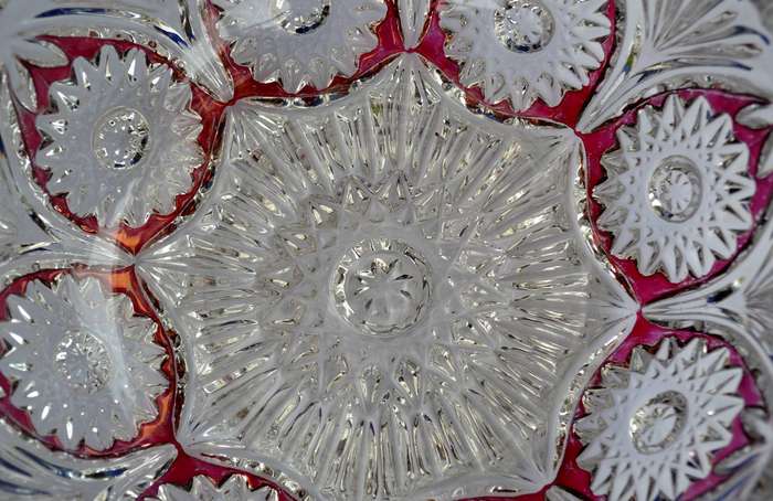 Vintage Cut Crystal Bowl with Ruby Red Panel and FloralDesign