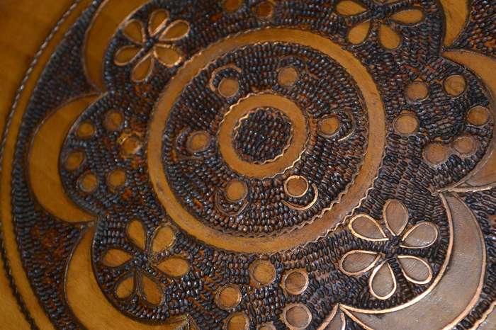 True Vintage Wooden Polish Folk Art Plate with Brass Inlay