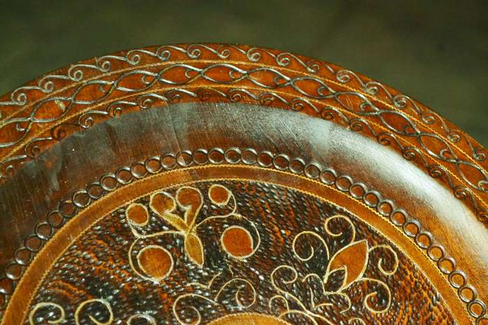 True Vintage Wooden Polish Folk Art Plate with Brass Inlay