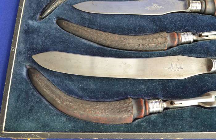 Walker and Hall Antique Cased Stag / Horn Handle Carving Set c1903 - 5 Pieces