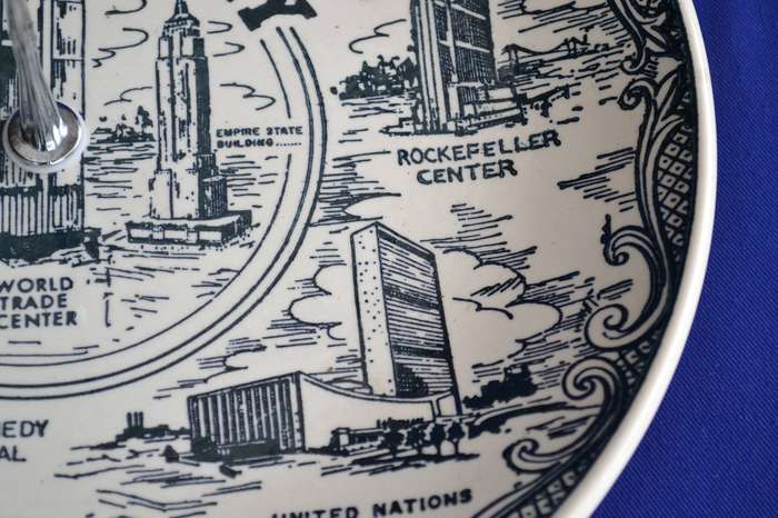 Single Tier Cake Stand - American Ironstone Collectors Plate  depicting  New York  City Landmarks