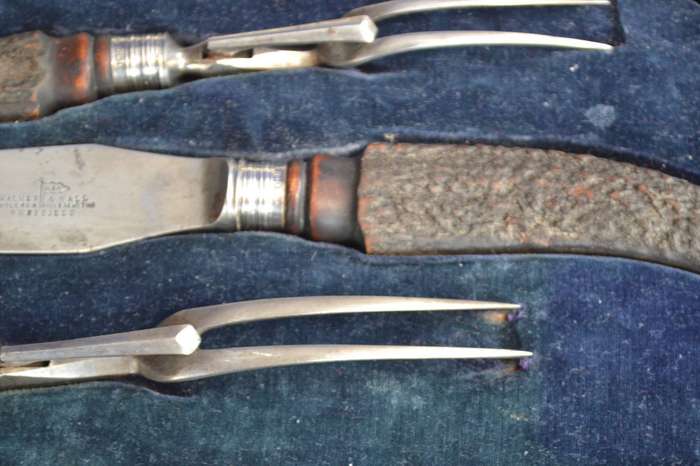 Walker and Hall Antique Cased Stag / Horn Handle Carving Set c1903 - 5 Pieces