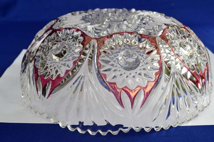 Vintage Cut Crystal Bowl with Ruby Red Panel and FloralDesign