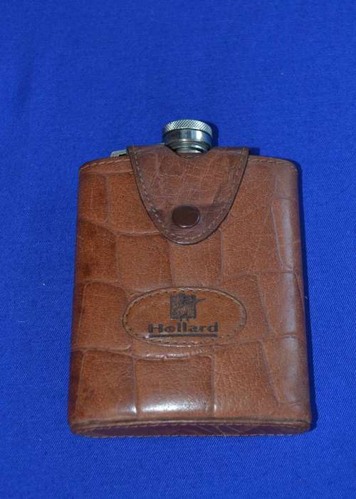 Vintage Covered Curved Hip Flask in Leather Pouch