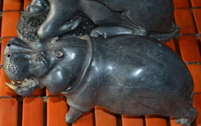 Heavy Vintage Hand Carved Stone Buffalo and Hippo Figures