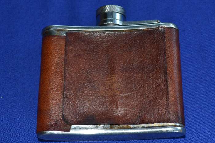 Vintage Leather Covered, Stainless Steel Curved Hip Flask - Made in England