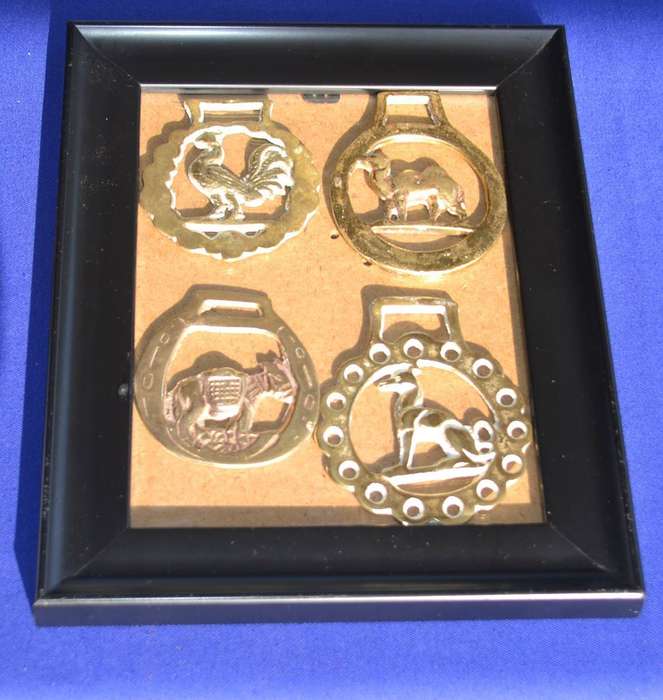 Vintage Horse Brasses Framed on Glass - 4 Pieces