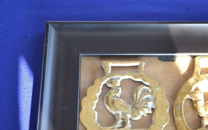 Vintage Horse Brasses Framed on Glass - 4 Pieces