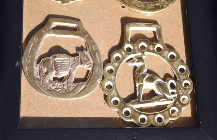 Vintage Horse Brasses Framed on Glass - 4 Pieces