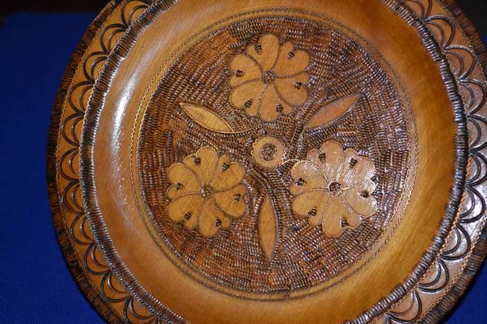 True Vintage Wooden Polish Folk Art Plate with Brass Inlay